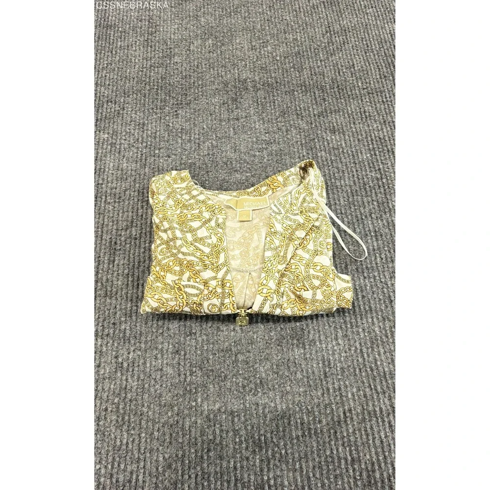 Michael Kors Yellow Women's Blouse Gold Chain Link Print Zip Front Top - Medium